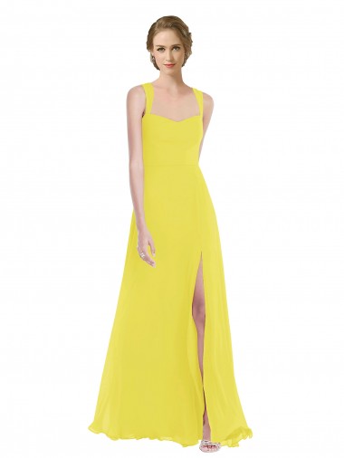 Amarillo línea A Tirantes espagueti Gasa Largo Vestidos de dama de honor