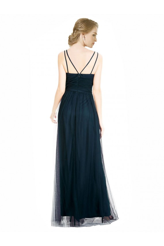 Azul 7 línea A Cuello en V Tul Largo Vestidos de dama de honor