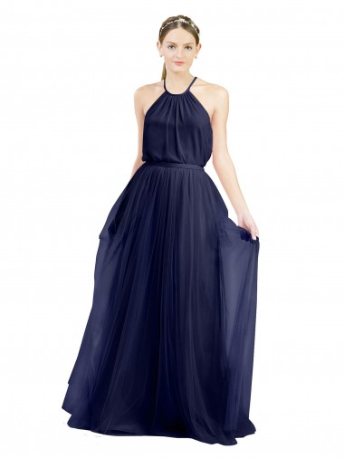 Azul Marino 21 línea A Halter Cuello Alto Tul Largo Vestidos de dama de honor