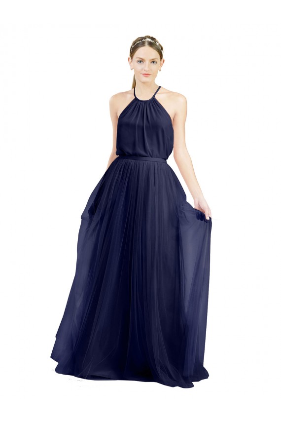 Azul Marino 21 línea A Halter Cuello Alto Tul Largo Vestidos de dama de honor