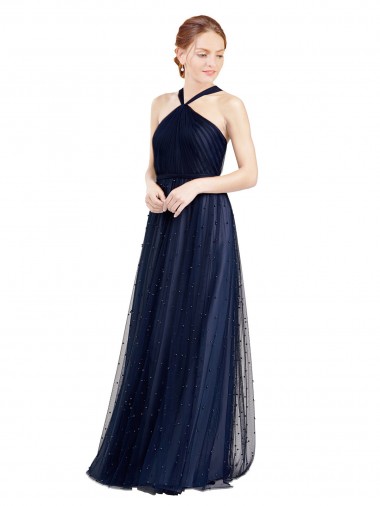 Azul Marino 21 línea A Halter Tul Largo Vestidos de dama de honor