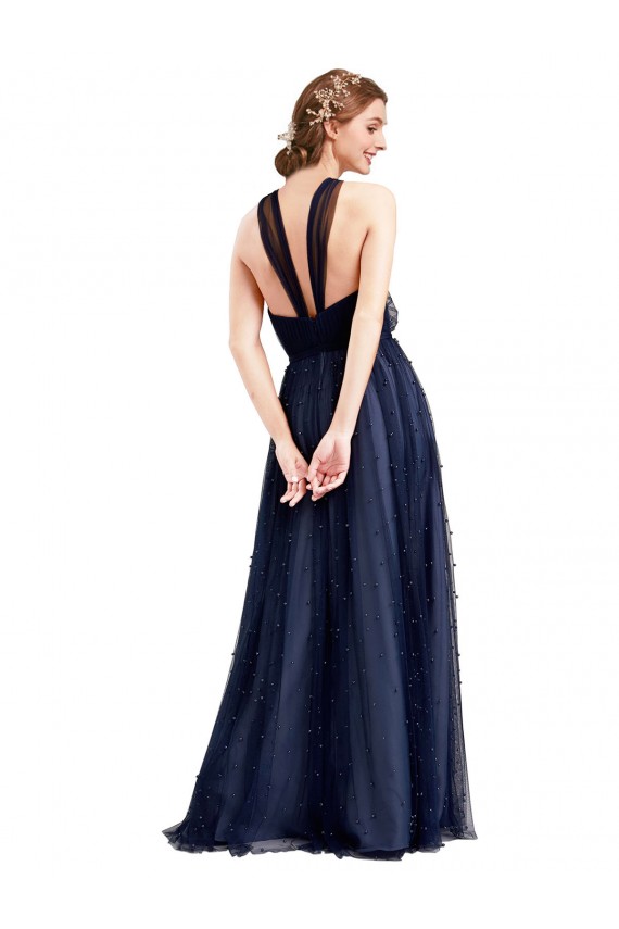 Azul Marino 21 línea A Halter Tul Largo Vestidos de dama de honor
