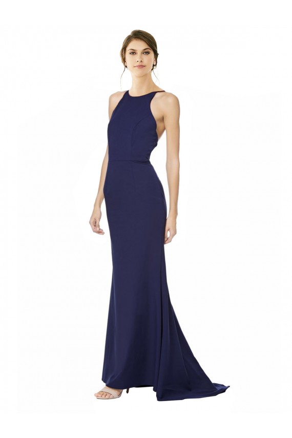 Azul Marino Sirena Halter Cuello Alto Crepé Elástico Largo Formales Vestidos de dama de honor / Vestidos de fiesta