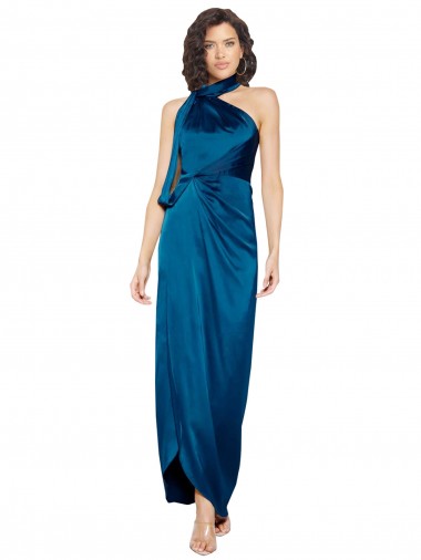 Azul Verde pavo real Cubierta Halter Cuello Alto Satén sedoso Largo Formales Vestidos de dama de honor / Vestidos de fiesta