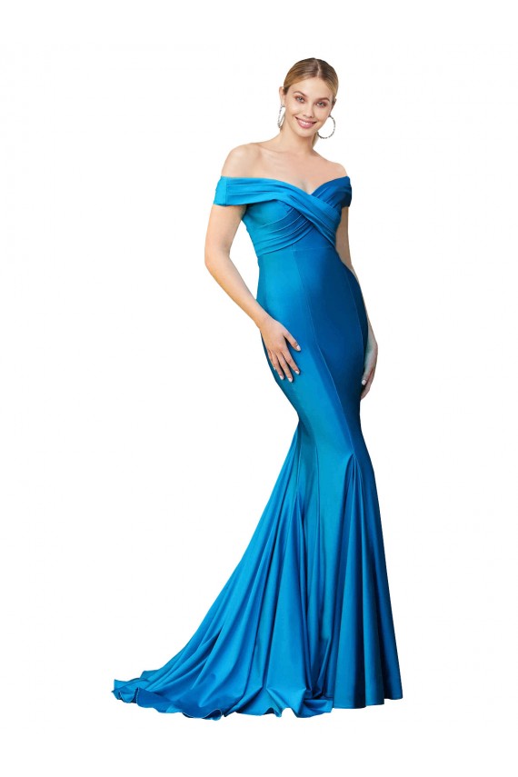 Azul Verde pavo real Sirena Hombros Descubiertos Satén Largo Formales Vestidos de dama de honor / Vestidos de fiesta