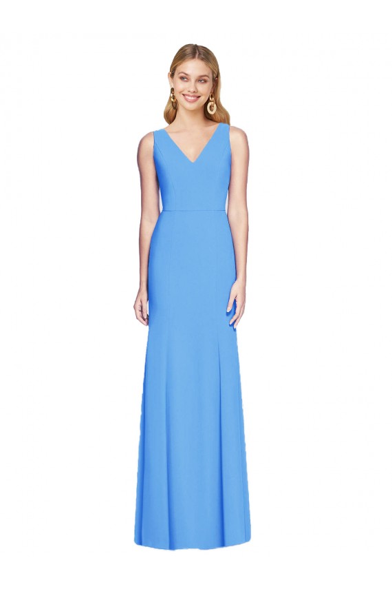 Azul Verde pavo real Trompeta Cuello en V Crepé Elástico Largo Vestidos de dama de honor / Vestidos de fiesta
