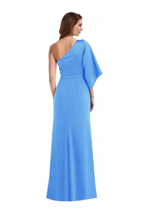Azul Verde pavo real Trompeta Un Hombre Crepé Elástico Largo Vestidos de dama de honor / Vestidos de fiesta