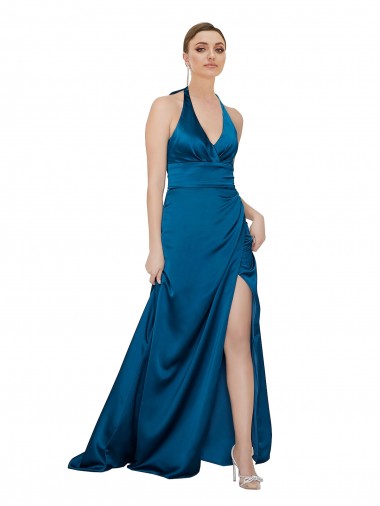 Azul Verde pavo real línea A Halter Satén sedoso Largo Formales Vestidos de dama de honor / Vestidos de fiesta