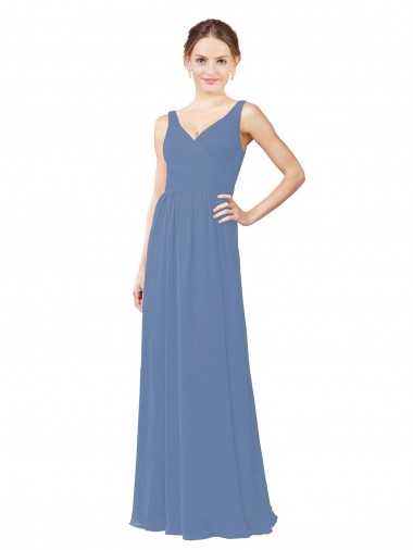Azul Windsor Cubierta Cuello en V Gasa Largo Vestidos de dama de honor