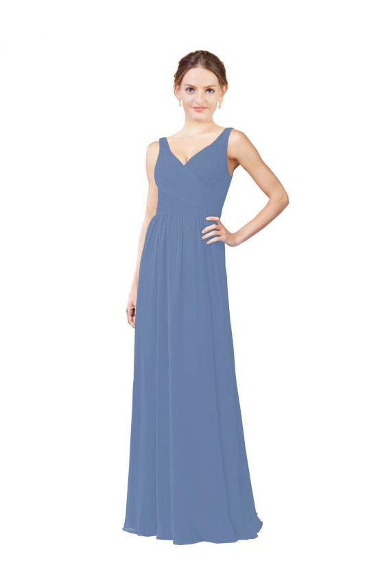 Azul Windsor Cubierta Cuello en V Gasa Largo Vestidos de dama de honor