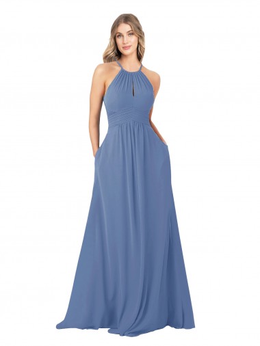 Azul Windsor línea A Cuello Alto Gasa Largo Vestidos de dama de honor