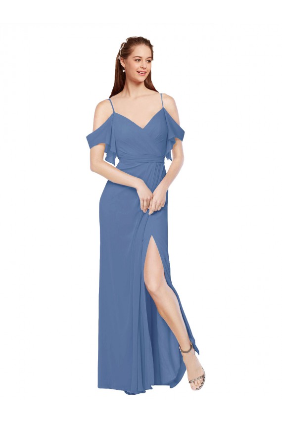 Azul Windsor línea A Hombros Descubiertos Gasa Largo Vestidos de dama de honor