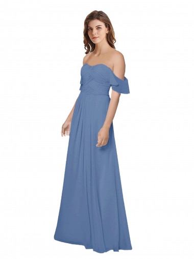 Azul Windsor línea A Hombros Descubiertos Sin tirantes Gasa Largo Vestidos de dama de honor