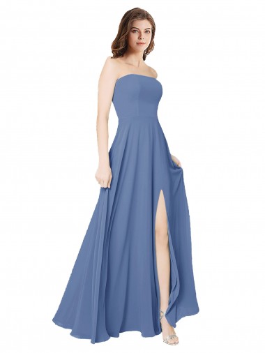 Azul Windsor línea A Sin tirantes Gasa Largo Vestidos de dama de honor