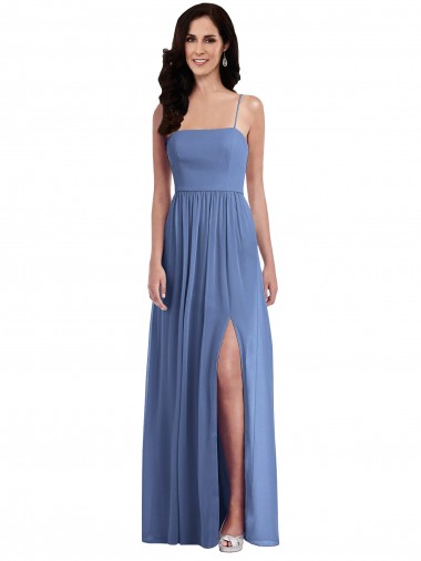 Azul Windsor línea A Tirantes espagueti Gasa Largo Vestidos de dama de honor