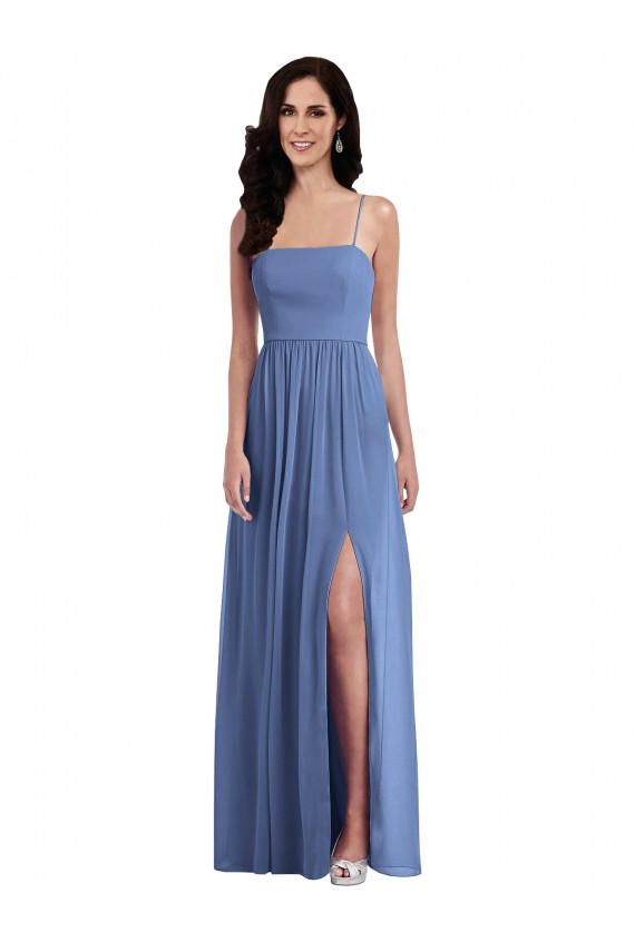 Azul Windsor línea A Tirantes espagueti Gasa Largo Vestidos de dama de honor