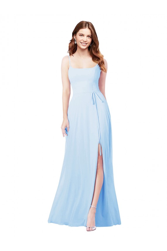 Azul cielo claro Cubierta Tirantes espagueti Cuadrado Gasa Largo Vestidos de dama de honor