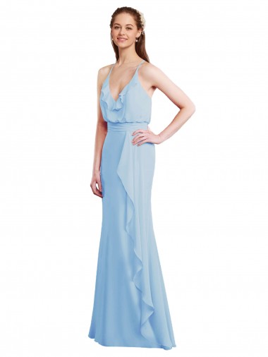 Azul cielo claro Sirena Tirantes espagueti Cuello en V Gasa Largo Vestidos de dama de honor