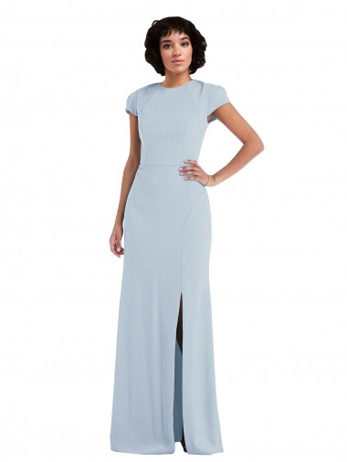 Azul cielo claro Trompeta Cuello joya Crepé Elástico Largo Vestidos de dama de honor