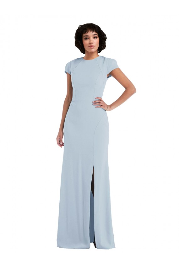 Azul cielo claro Trompeta Cuello joya Crepé Elástico Largo Vestidos de dama de honor