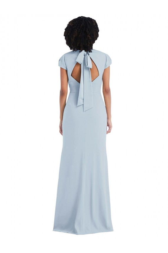 Azul cielo claro Trompeta Cuello joya Crepé Elástico Largo Vestidos de dama de honor