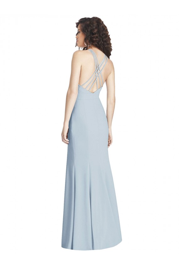 Azul cielo claro Trompeta Halter Crepé Elástico Largo Vestidos de dama de honor / Vestidos de fiesta