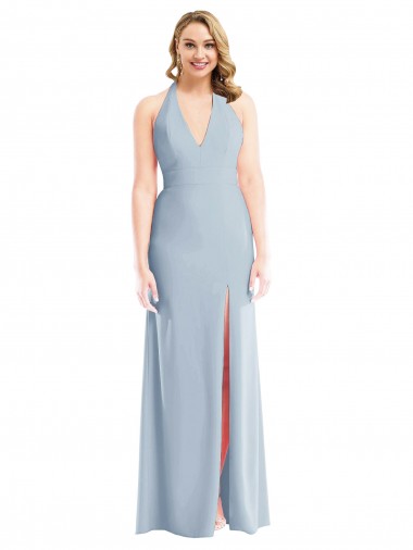 Azul cielo claro Trompeta Halter Crepé Elástico Largo Vestidos de dama de honor / Vestidos de fiesta