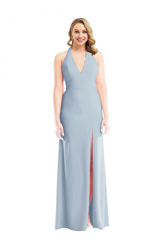 Azul cielo claro Trompeta Halter Crepé Elástico Largo Vestidos de dama de honor / Vestidos de fiesta