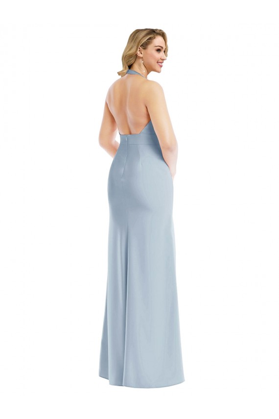 Azul cielo claro Trompeta Halter Crepé Elástico Largo Vestidos de dama de honor / Vestidos de fiesta