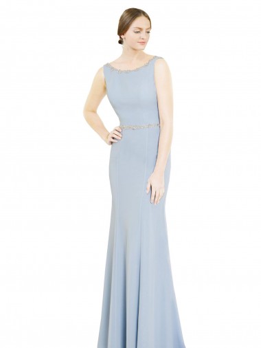 Azul cielo claro línea A Cuello Barco Cuello Alto Gasa Largo Vestidos de dama de honor