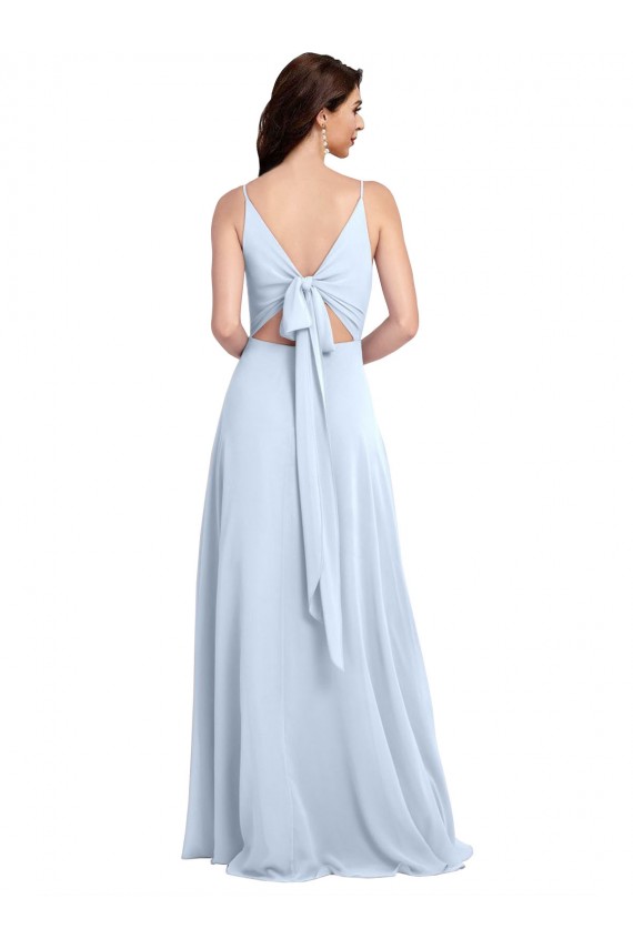 Azul cielo claro línea A Cuello en V Gasa Largo Vestidos de dama de honor