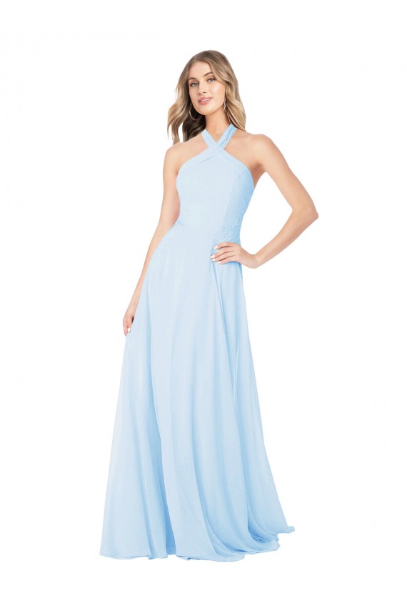 Azul cielo claro línea A Halter Cuello Alto Gasa Largo Vestidos de dama de honor