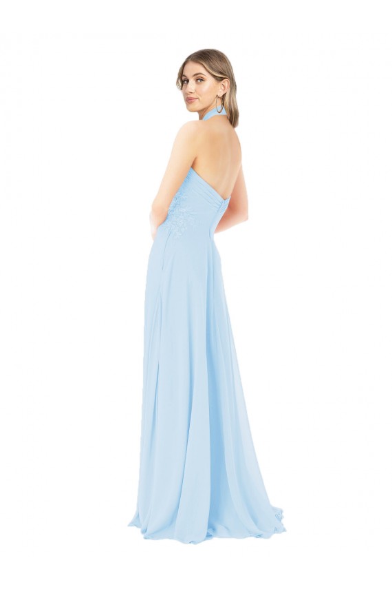 Azul cielo claro línea A Halter Cuello Alto Gasa Largo Vestidos de dama de honor