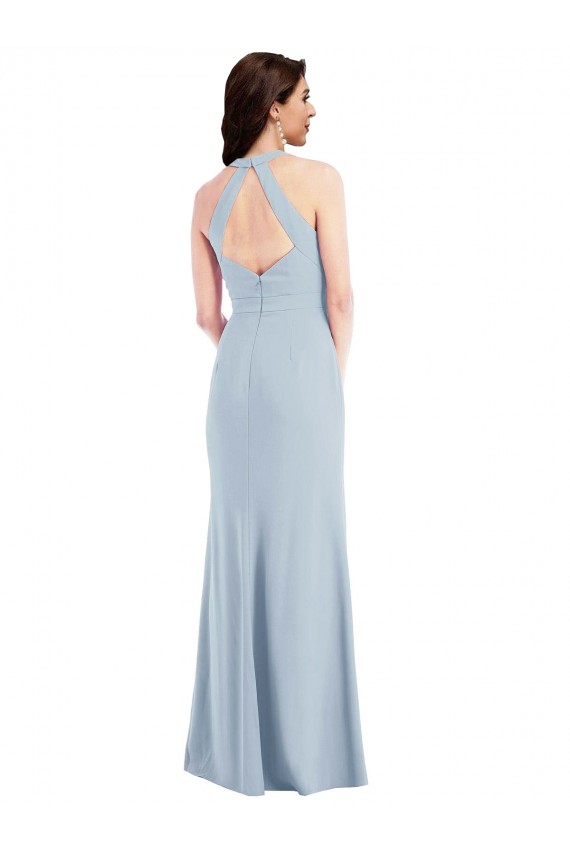 Azul cielo claro línea A Halter Cuello en V Crepé Elástico Largo Formales Vestidos de dama de honor / Vestidos de fiesta