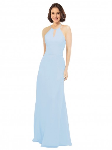 Azul cielo claro línea A Halter Gasa Largo Vestidos de dama de honor