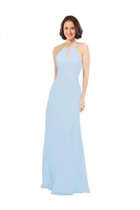 Azul cielo claro línea A Halter Gasa Largo Vestidos de dama de honor