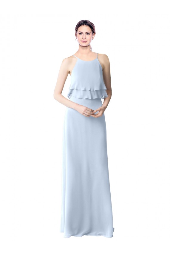 Azul cielo claro línea A Halter Gasa Largo Vestidos de dama de honor