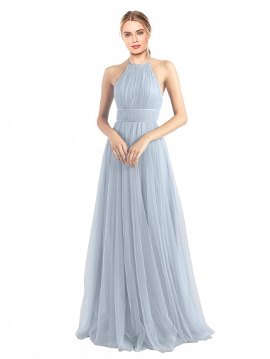 Azul cielo claro línea A Halter Tul Largo Vestidos de dama de honor