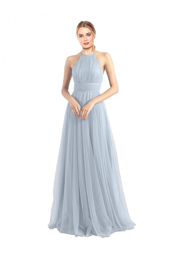 Azul cielo claro línea A Halter Tul Largo Vestidos de dama de honor