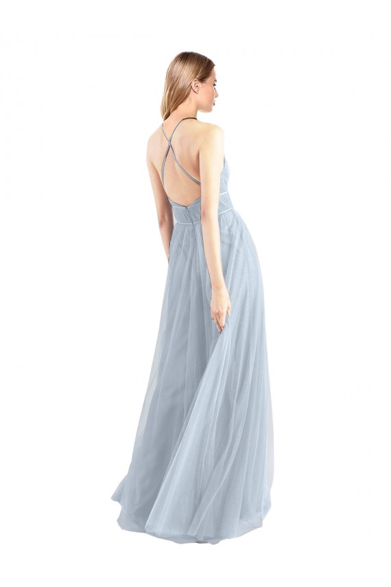 Azul cielo claro línea A Halter Tul Largo Vestidos de dama de honor