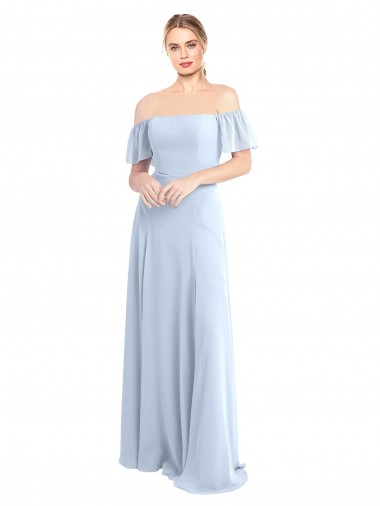 Azul cielo claro línea A Hombros Descubiertos Cuadrado Gasa Largo Vestidos de dama de honor