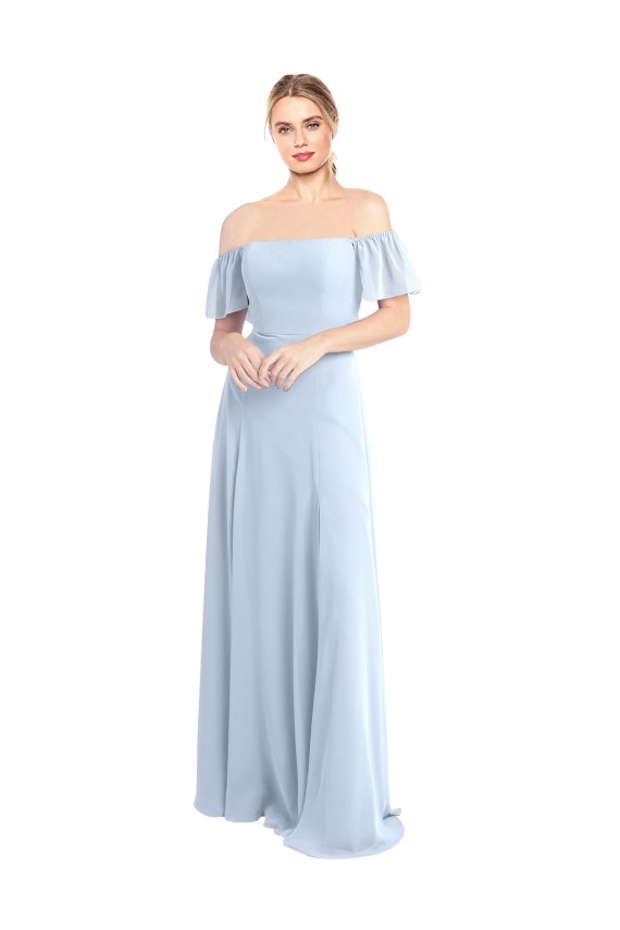 Azul cielo claro línea A Hombros Descubiertos Cuadrado Gasa Largo Vestidos de dama de honor