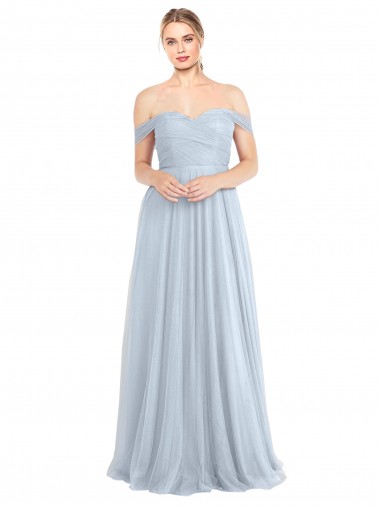 Azul cielo claro línea A Hombros Descubiertos Tul Largo Vestidos de dama de honor