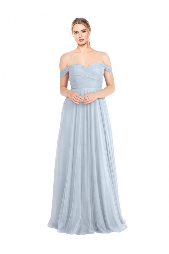 Azul cielo claro línea A Hombros Descubiertos Tul Largo Vestidos de dama de honor