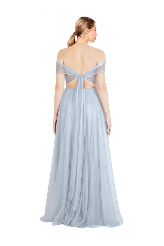 Azul cielo claro línea A Hombros Descubiertos Tul Largo Vestidos de dama de honor