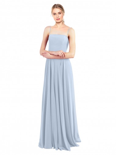 Azul cielo claro línea A Tirantes espagueti Cuadrado Gasa Largo Vestidos de dama de honor
