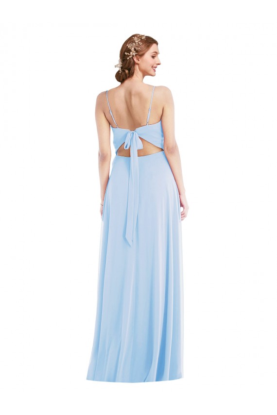 Azul cielo claro línea A Tirantes espagueti Cuello en V Gasa Largo Formales Vestidos de dama de honor / Vestidos de noche