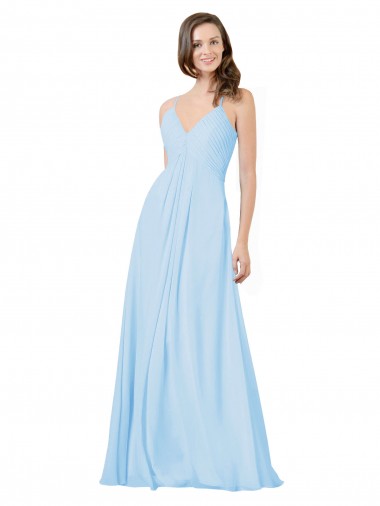 Azul cielo claro línea A Tirantes espagueti Cuello en V Gasa Largo Vestidos de dama de honor