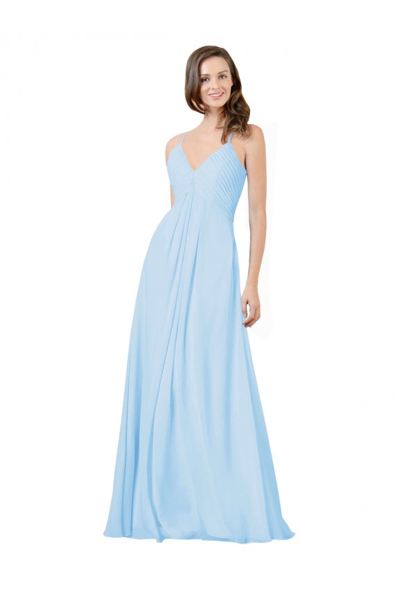 Azul cielo claro línea A Tirantes espagueti Cuello en V Gasa Largo Vestidos de dama de honor