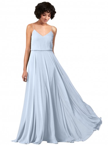 Azul cielo claro línea A Tirantes espagueti Cuello en V Gasa Largo Vestidos de dama de honor